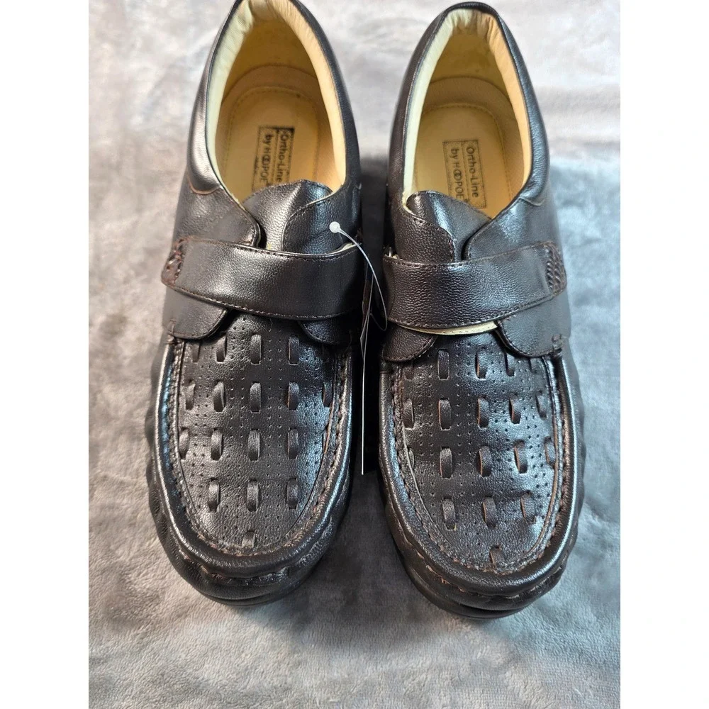 Hoopoe Dahlia Loafers Womens 11 Wide Brown‎ Leather Velcro Wedge Ortho-Line NEW